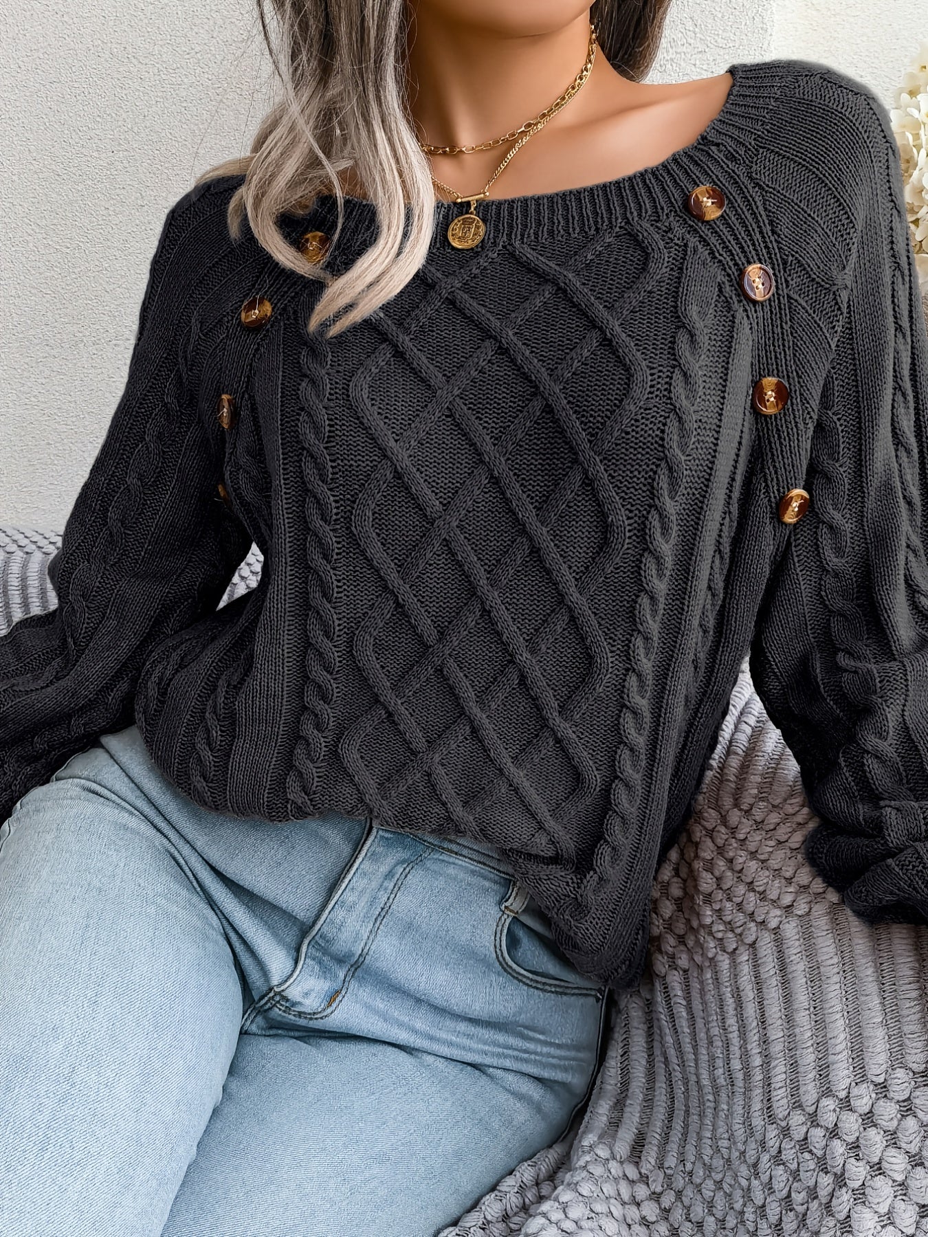 Women's Sweater Round Neck Texture Button Lantern Sleeve Sweater