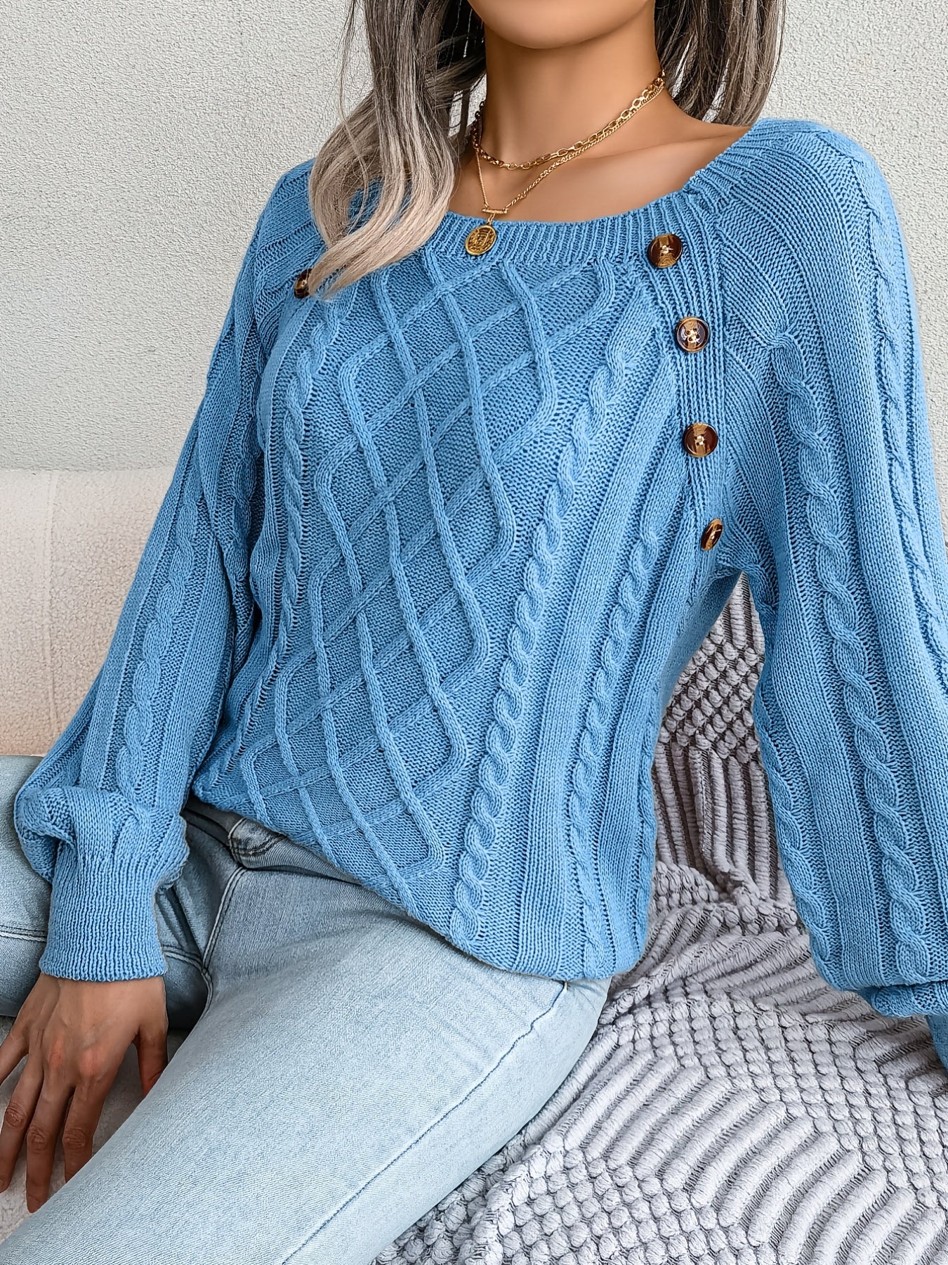 Women's Sweater Round Neck Texture Button Lantern Sleeve Sweater