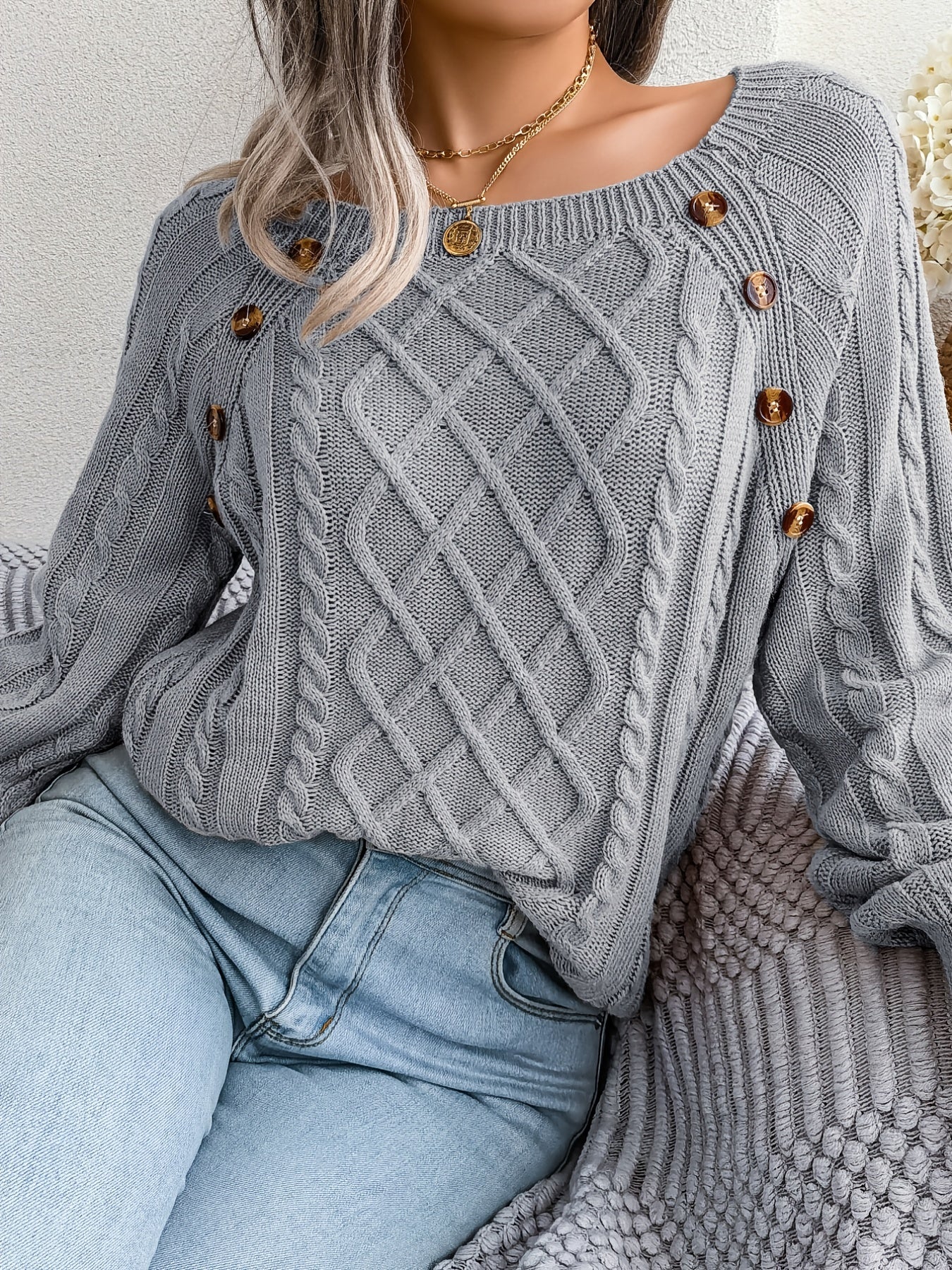 Women's Sweater Round Neck Texture Button Lantern Sleeve Sweater