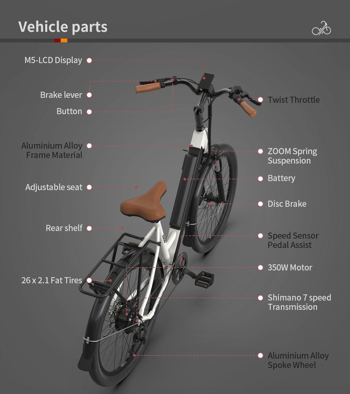 US Spot Aostirmotor 350W Electric Bike Bicycle 26x2.1" Tire 36V/10Ah Li-Battery E-Bike White