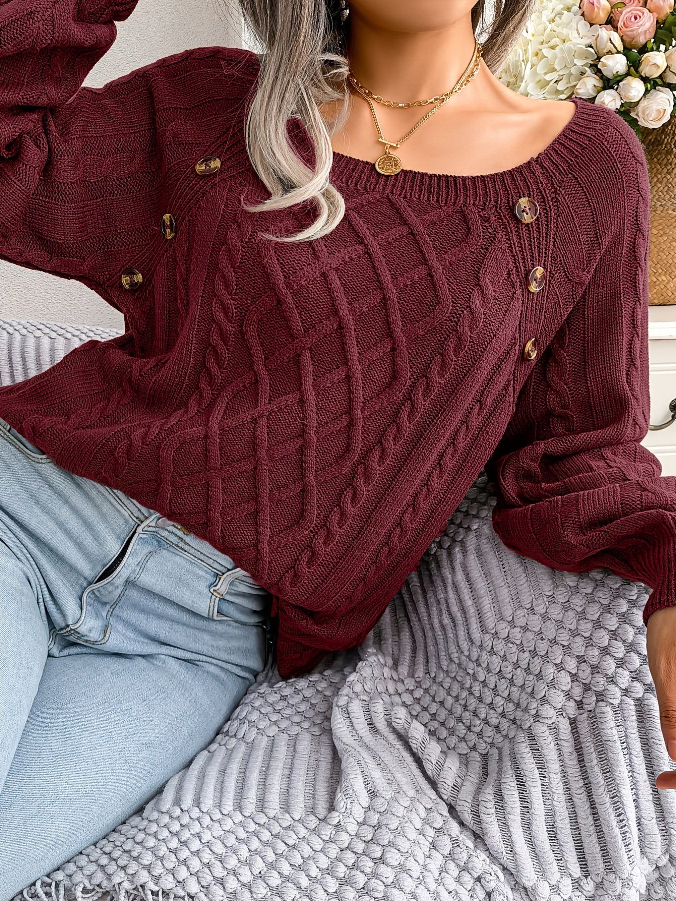 Women's Sweater Round Neck Texture Button Lantern Sleeve Sweater