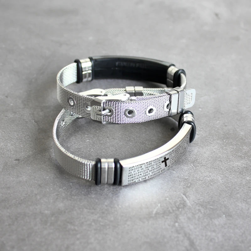 Men's Stainless Steel Fashion Mesh Strap Bracelet, Jesus Christianity, Scripture Bracelet, Customizable Logo