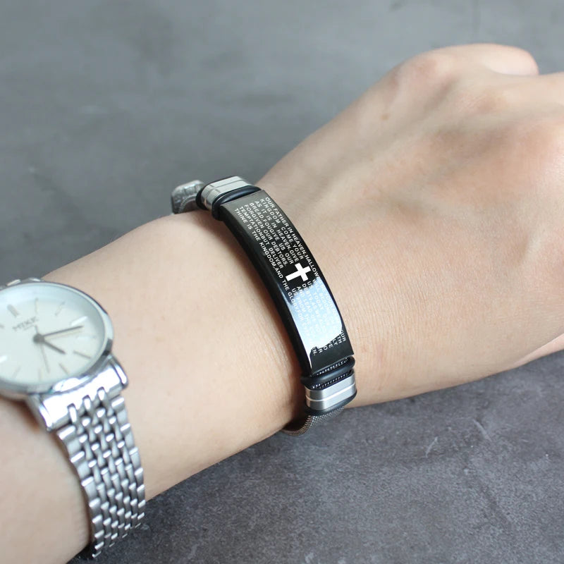 Men's Stainless Steel Fashion Mesh Strap Bracelet, Jesus Christianity, Scripture Bracelet, Customizable Logo