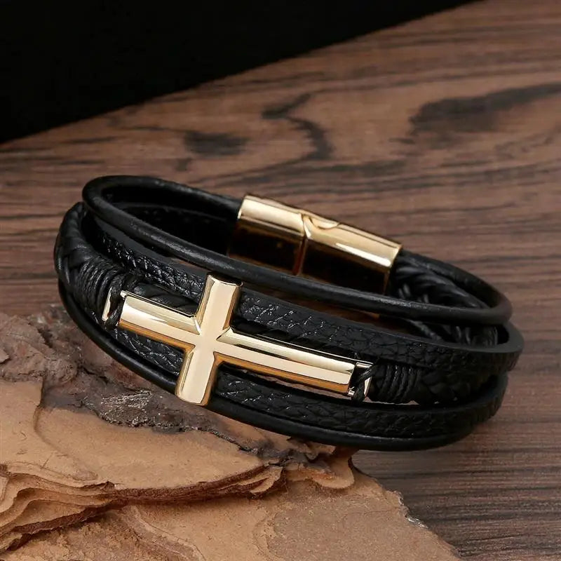 Multicolor Cross Design Classic Metal Clasp Men's Leather Bracelet 19/21/23cm Choose Handsome Christmas Gifts Male Jewelry