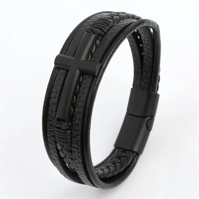 Multicolor Cross Design Classic Metal Clasp Men's Leather Bracelet 19/21/23cm Choose Handsome Christmas Gifts Male Jewelry
