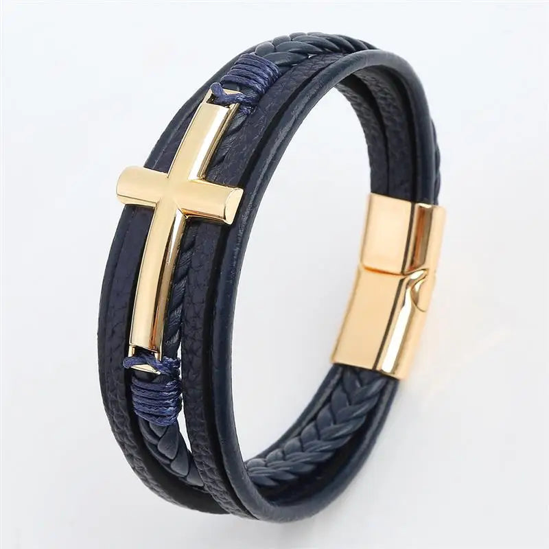 Multicolor Cross Design Classic Metal Clasp Men's Leather Bracelet 19/21/23cm Choose Handsome Christmas Gifts Male Jewelry
