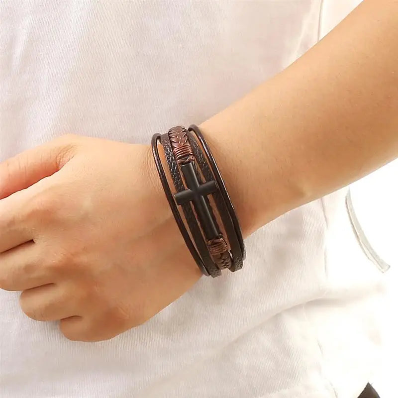 Multicolor Cross Design Classic Metal Clasp Men's Leather Bracelet 19/21/23cm Choose Handsome Christmas Gifts Male Jewelry