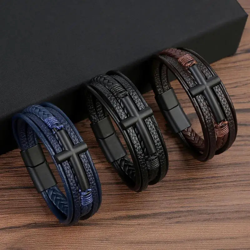 Multicolor Cross Design Classic Metal Clasp Men's Leather Bracelet 19/21/23cm Choose Handsome Christmas Gifts Male Jewelry