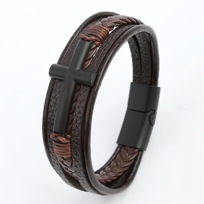 Multicolor Cross Design Classic Metal Clasp Men's Leather Bracelet 19/21/23cm Choose Handsome Christmas Gifts Male Jewelry