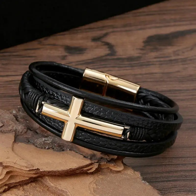 Multicolor Cross Design Classic Metal Clasp Men's Leather Bracelet 19/21/23cm Choose Handsome Christmas Gifts Male Jewelry