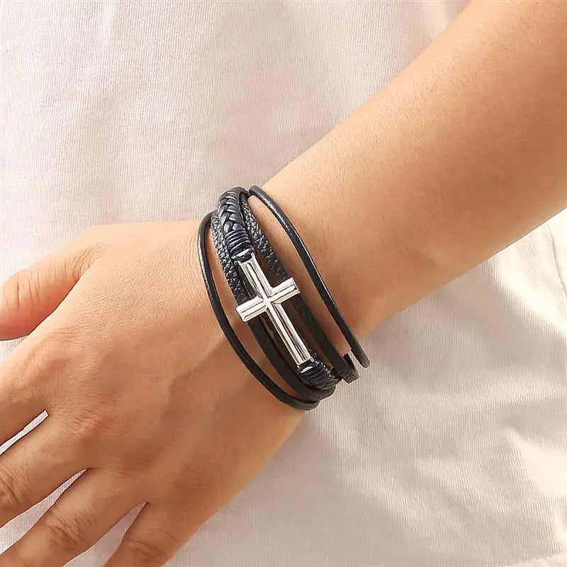 Multicolor Cross Design Classic Metal Clasp Men's Leather Bracelet 19/21/23cm Choose Handsome Christmas Gifts Male Jewelry