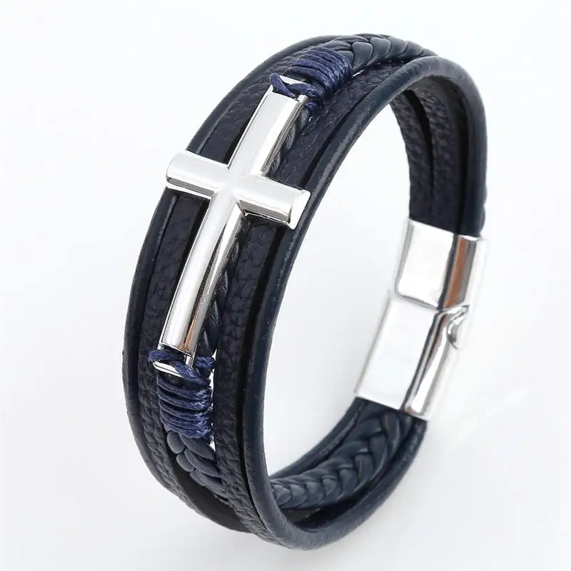 Multicolor Cross Design Classic Metal Clasp Men's Leather Bracelet 19/21/23cm Choose Handsome Christmas Gifts Male Jewelry