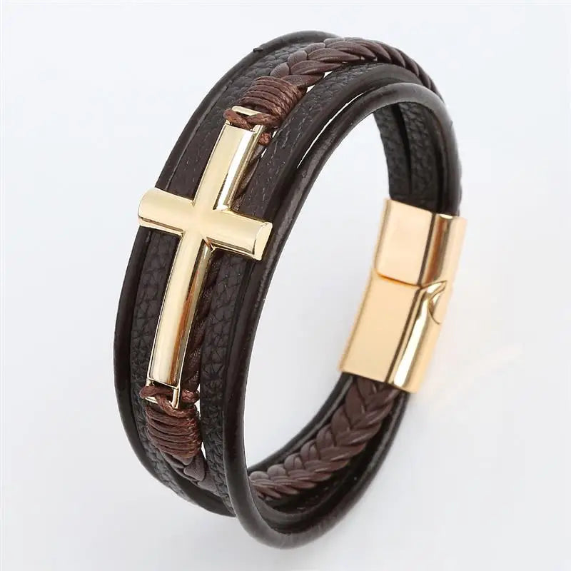 Multicolor Cross Design Classic Metal Clasp Men's Leather Bracelet 19/21/23cm Choose Handsome Christmas Gifts Male Jewelry