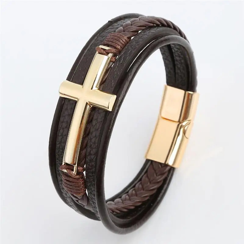 Multicolor Cross Design Classic Metal Clasp Men's Leather Bracelet 19/21/23cm Choose Handsome Christmas Gifts Male Jewelry
