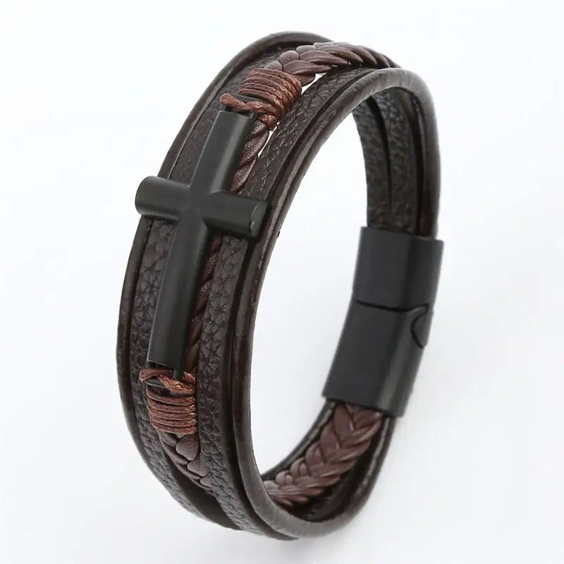 Multicolor Cross Design Classic Metal Clasp Men's Leather Bracelet 19/21/23cm Choose Handsome Christmas Gifts Male Jewelry
