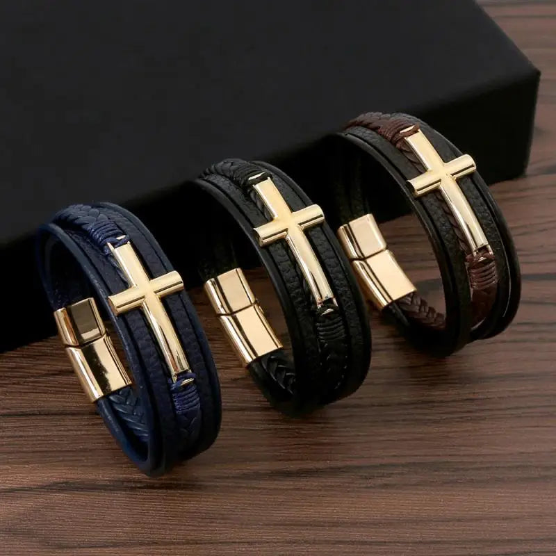 Multicolor Cross Design Classic Metal Clasp Men's Leather Bracelet 19/21/23cm Choose Handsome Christmas Gifts Male Jewelry