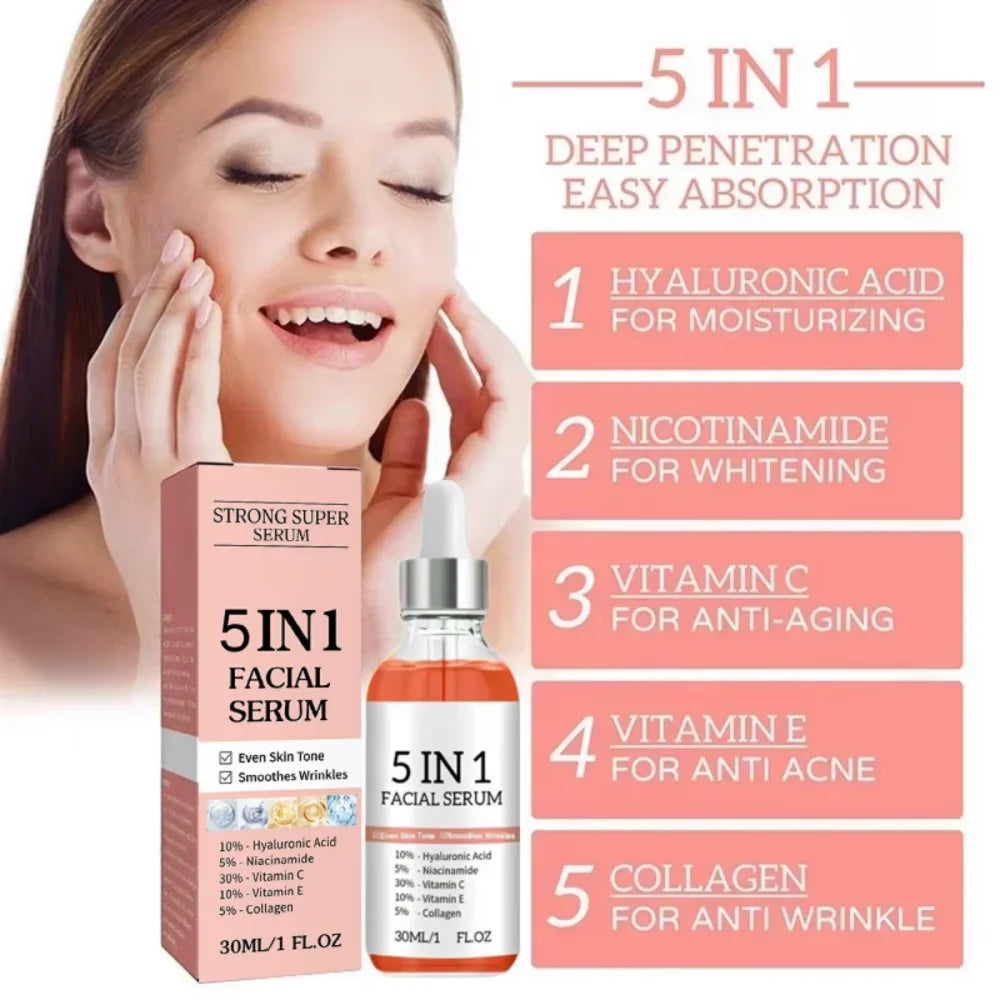 5 In 1 Hyaluronic Acid Face Serum Moisturizing Vitamin C collagen Lightning Facial Serum Shrink Pores Skin Care
