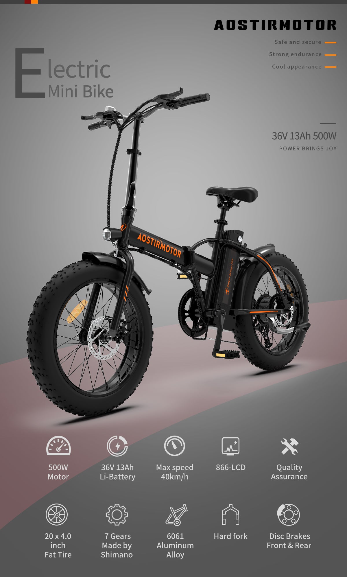 US Spot Aostirmotor 500W 36V/12.5Ah Electric Folding Bike 20*4" Fat Tire City E-bike