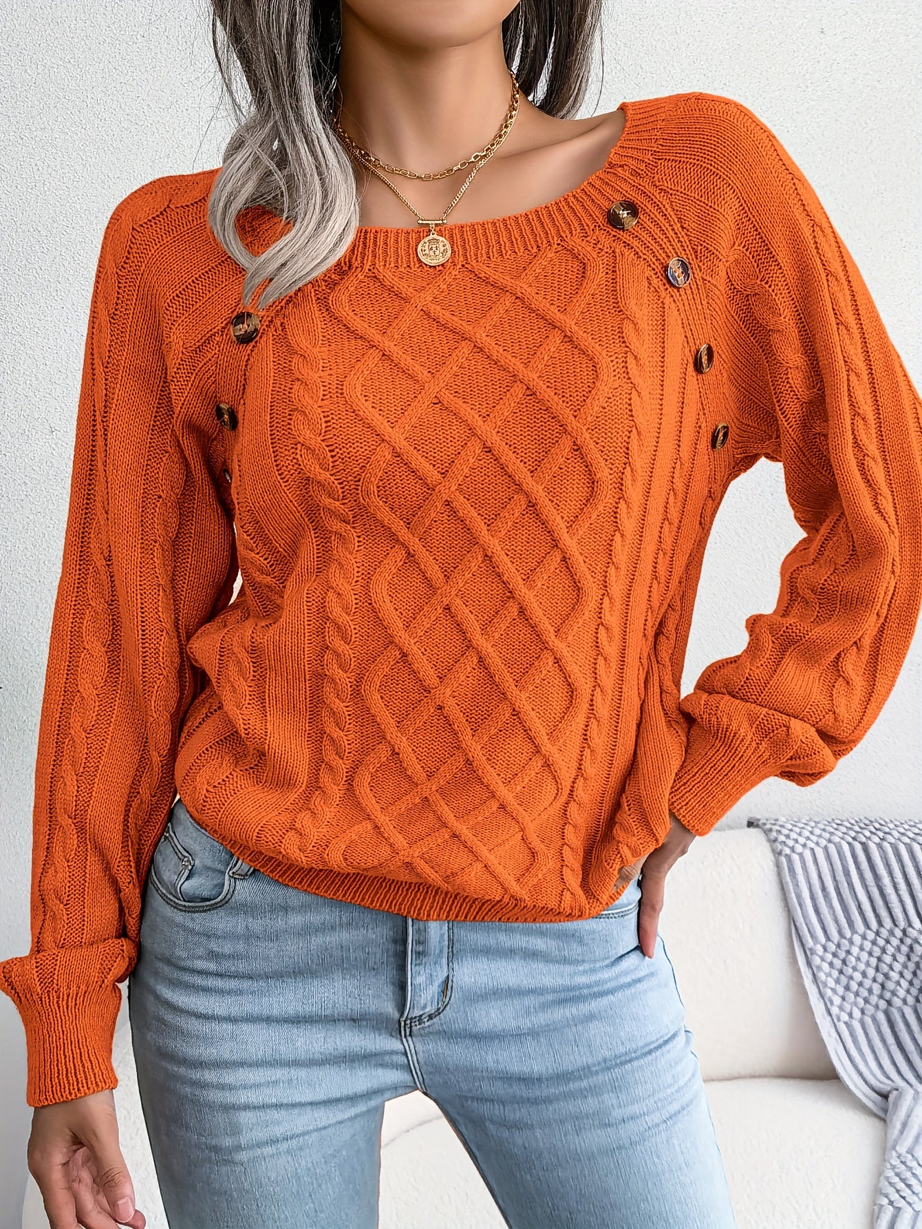 Women's Sweater Round Neck Texture Button Lantern Sleeve Sweater