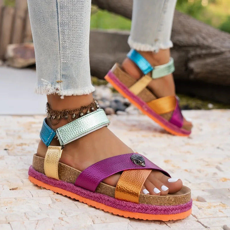 Summer Women Sandals 2026 Fashionable Color Ankle Strap Round Toe Thick Soled Female Shoes New Trendy Casual Comfort Sandals