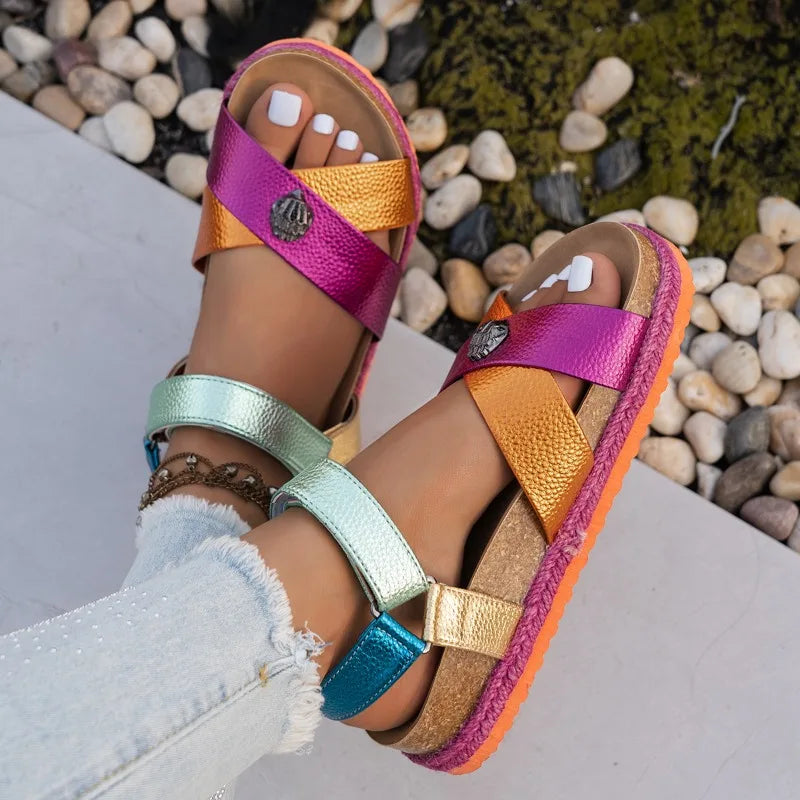Summer Women Sandals 2026 Fashionable Color Ankle Strap Round Toe Thick Soled Female Shoes New Trendy Casual Comfort Sandals