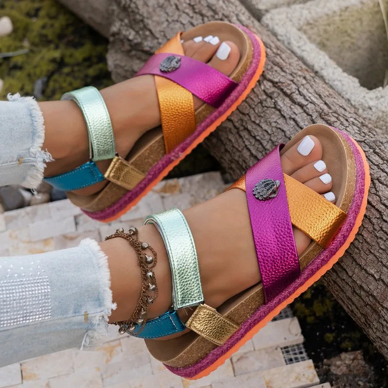 Summer Women Sandals 2026 Fashionable Color Ankle Strap Round Toe Thick Soled Female Shoes New Trendy Casual Comfort Sandals