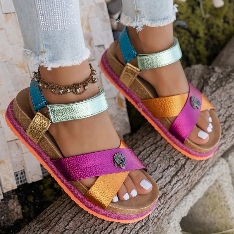 Summer Women Sandals 2026 Fashionable Color Ankle Strap Round Toe Thick Soled Female Shoes New Trendy Casual Comfort Sandals
