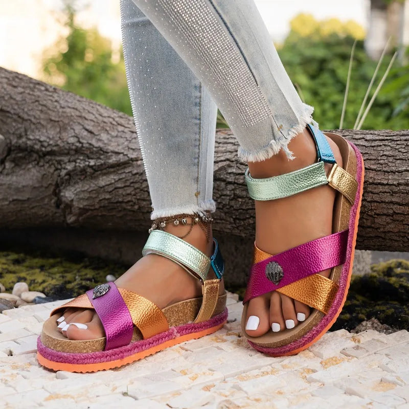 Summer Women Sandals 2026 Fashionable Color Ankle Strap Round Toe Thick Soled Female Shoes New Trendy Casual Comfort Sandals