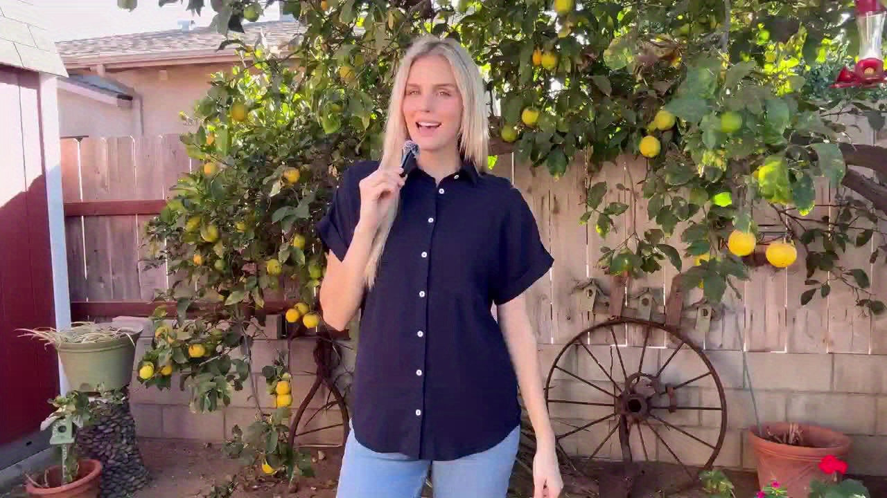 [Casual Summer Top] Casual Summer Top - Women's Short Sleeve V-Neck Button-Up Shirt with Pockets | Light Gray, Vacation Clothing, Perfect for Vacation or Casual Attire, Glossy Texture